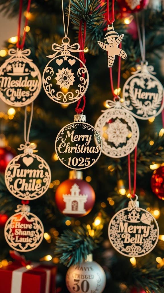 Laser engraved Christmas ornaments with intricate designs hanging on a decorated tree.